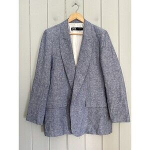 Zara Oversized Blazer L Large Classic Minimalist Linen Blend Open Front  Blue